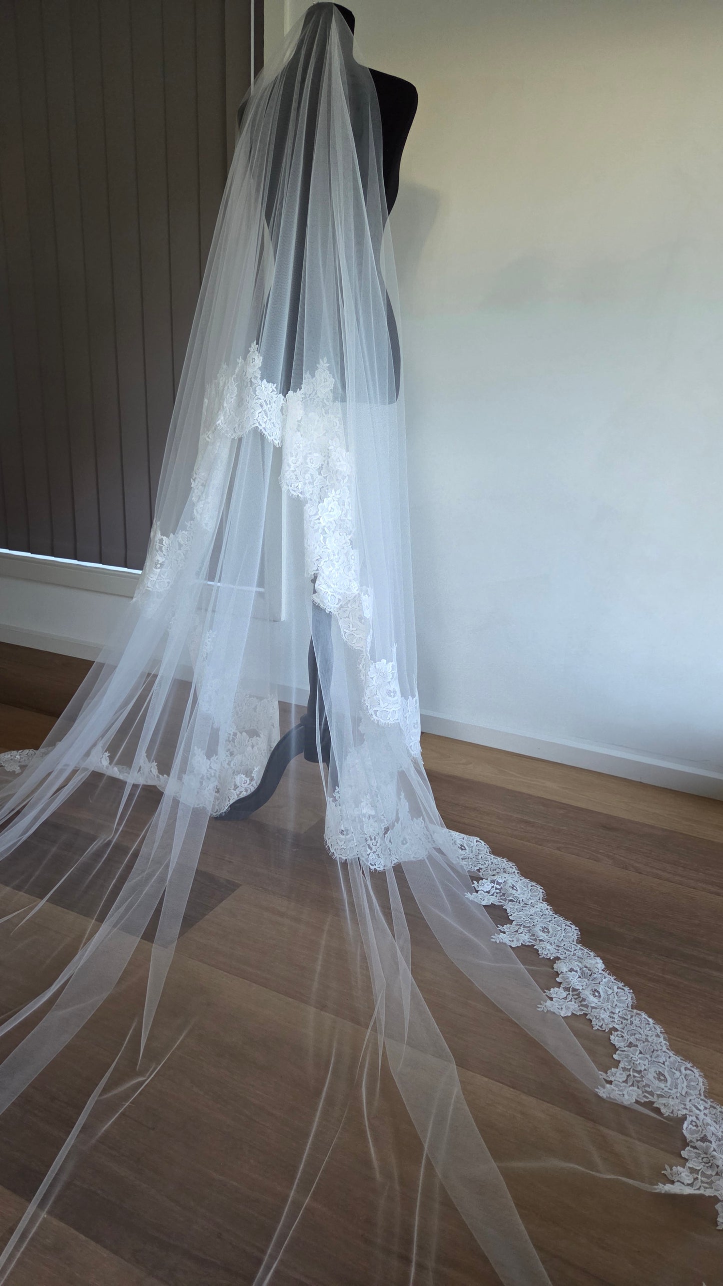 French lace Cathedral Wedding Veil with Blusher, unique and statement thick lace trim- Rosa