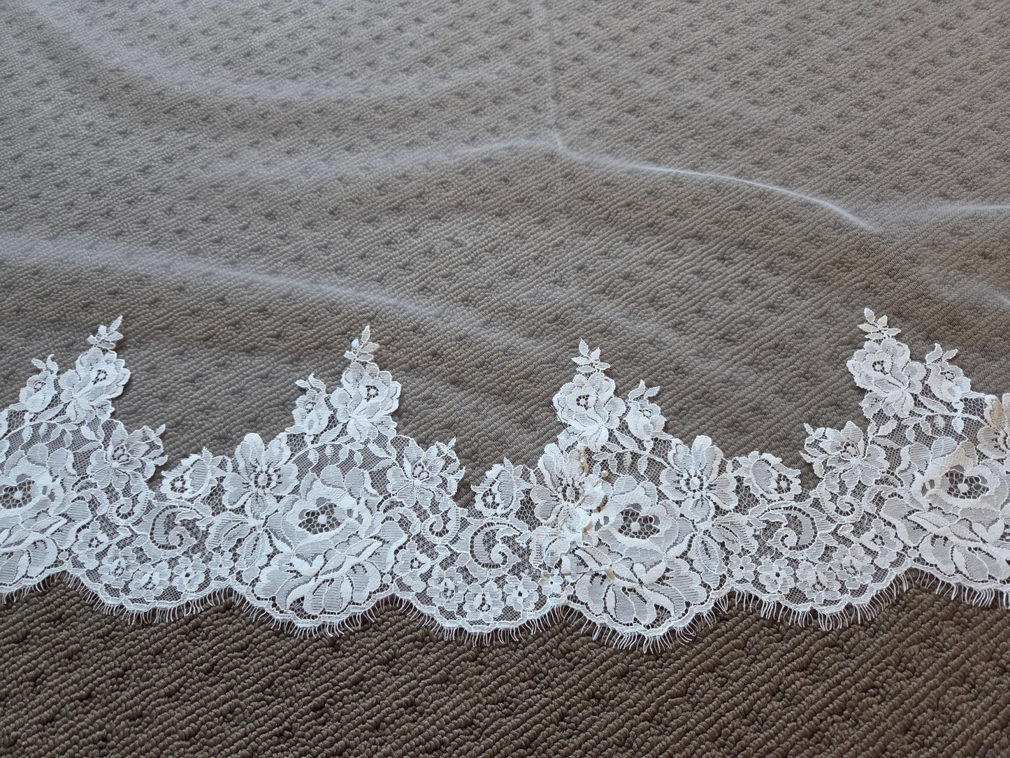 French lace Cathedral Wedding Veil with Blusher, unique and statement thick lace trim- Rosa