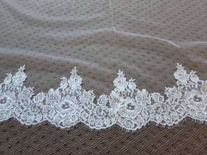 French lace Cathedral Wedding Veil with Blusher, unique and statement thick lace trim- Rosa