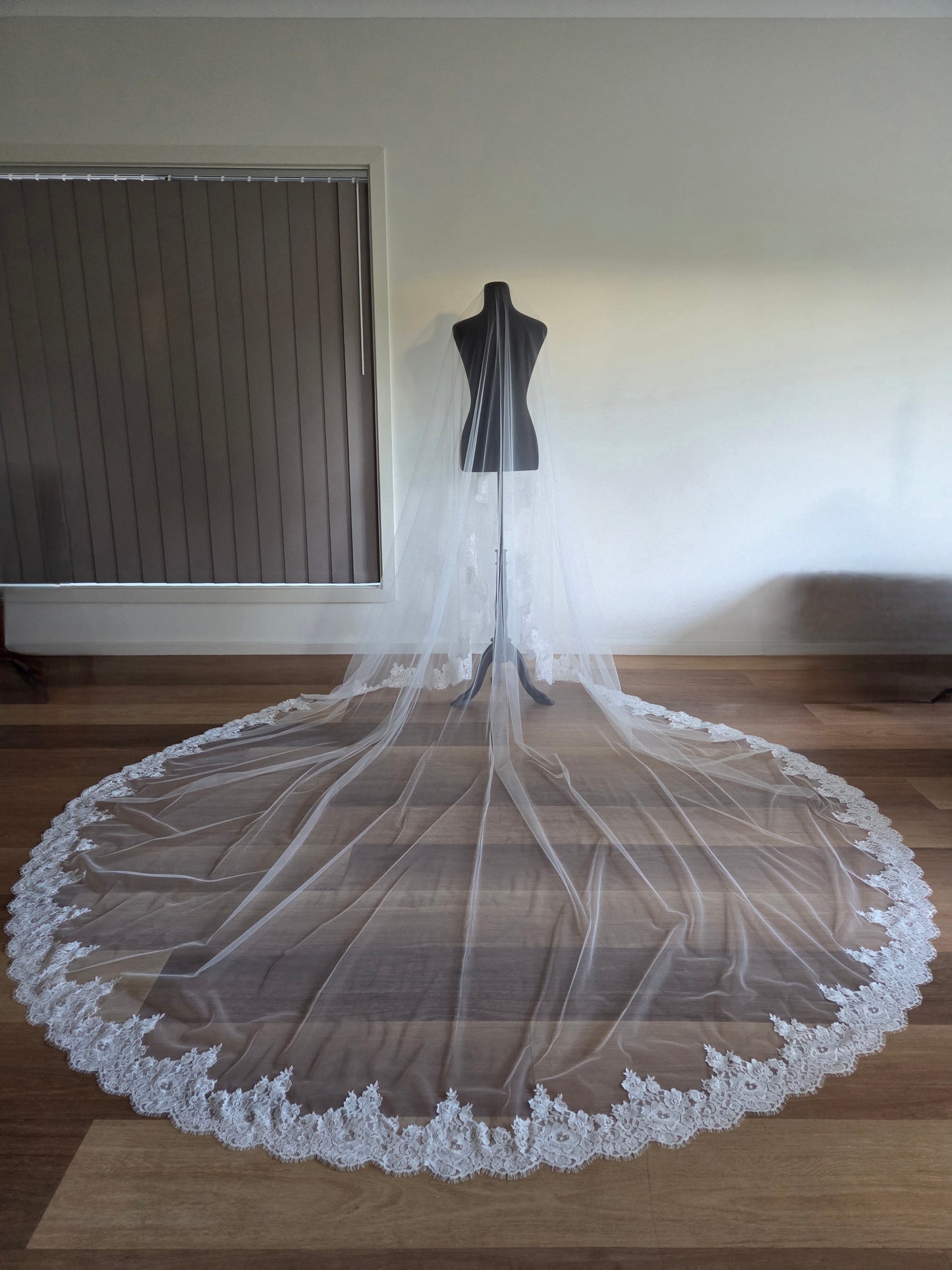 French lace Cathedral Wedding Veil with Blusher, unique and statement thick lace trim- Rosa