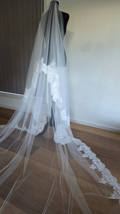 French lace Cathedral Wedding Veil with Blusher, unique and statement thick lace trim- Rosa