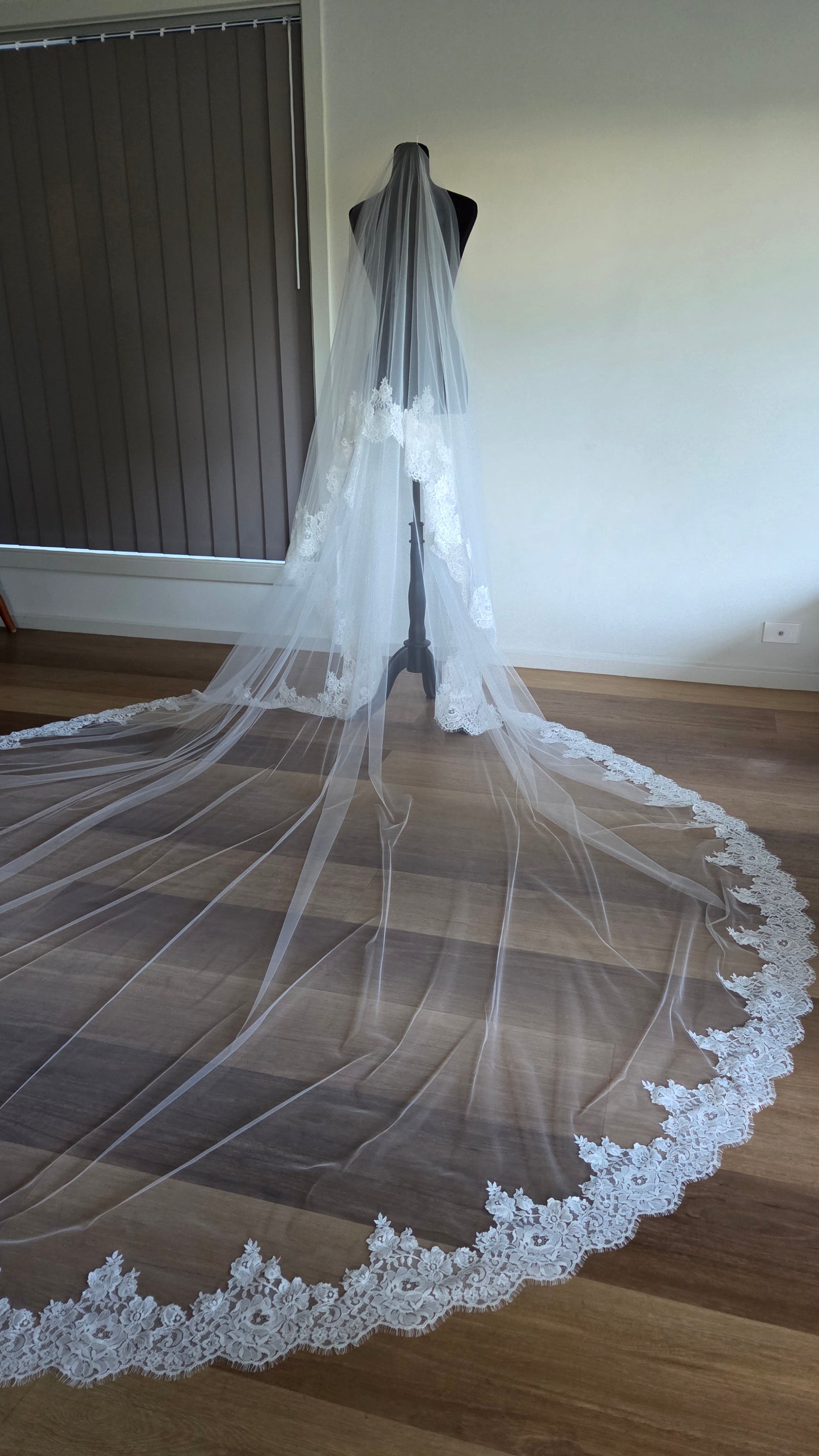 French lace Cathedral Wedding Veil with Blusher, unique and statement thick lace trim- Rosa