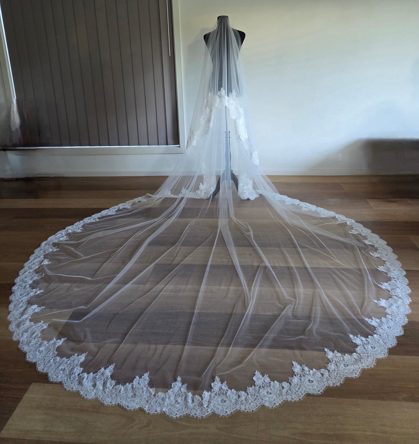 French lace Cathedral Wedding Veil with Blusher, unique and statement thick lace trim- Rosa