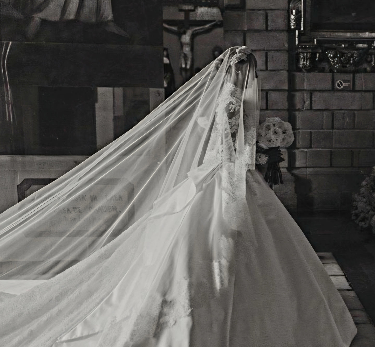 French lace Cathedral Wedding Veil with Blusher, unique and statement thick lace trim- Rosa