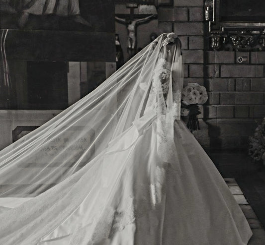 French lace Cathedral Wedding Veil with Blusher, unique and statement thick lace trim- Rosa
