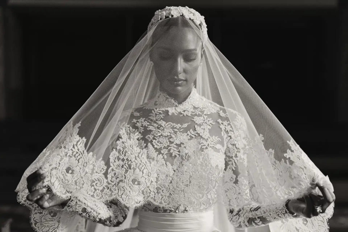 French lace Cathedral Wedding Veil with Blusher, unique and statement thick lace trim- Rosa