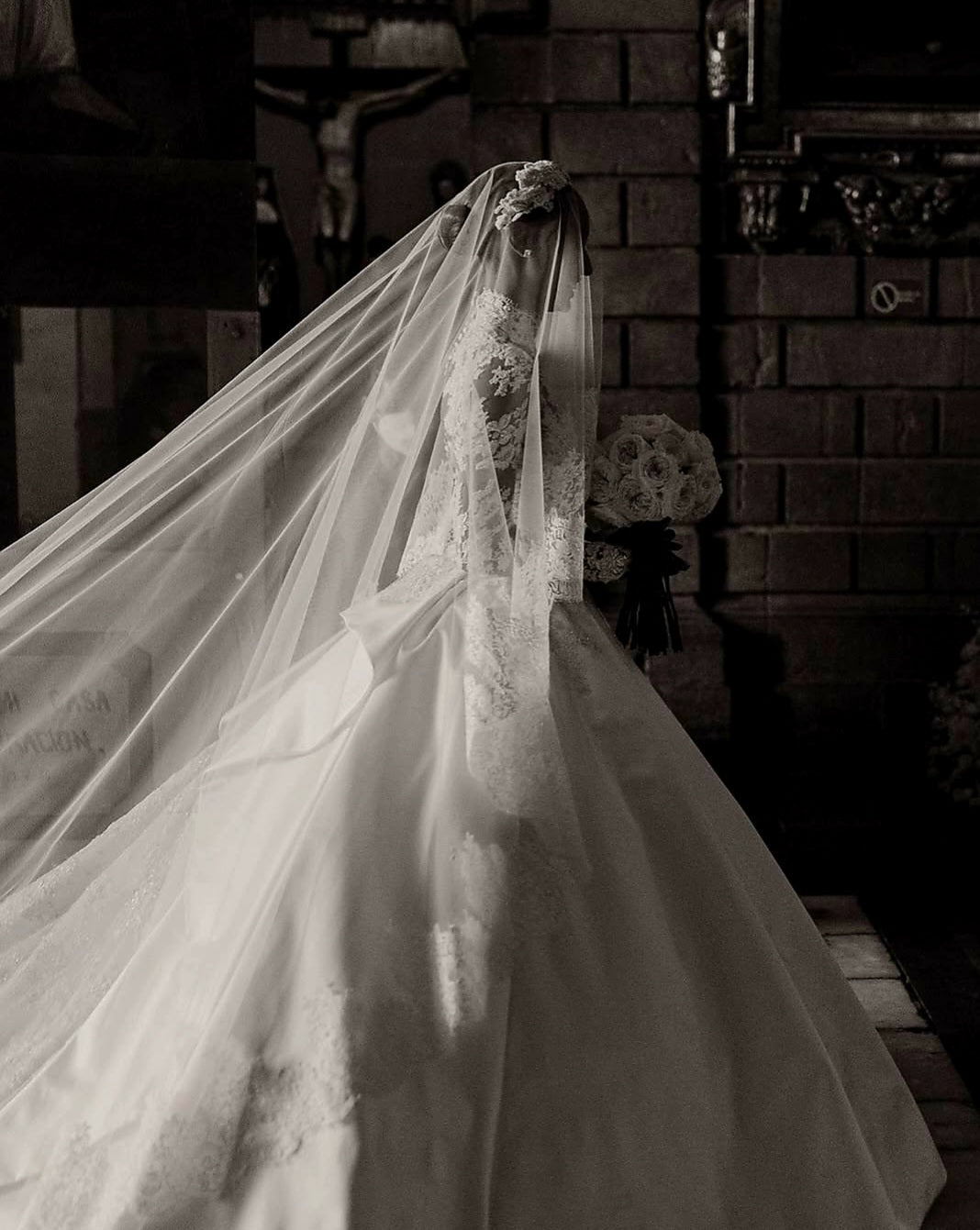 French lace Cathedral Wedding Veil with Blusher, unique and statement thick lace trim- Rosa