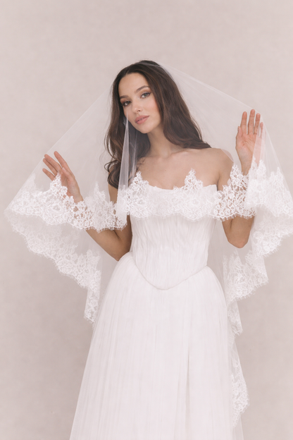 French lace Cathedral Wedding Veil with Blusher, unique and statement thick lace trim- Rosa