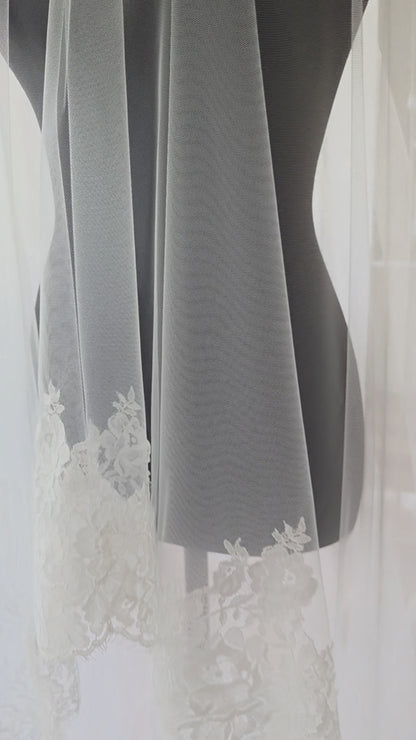 French lace Cathedral Wedding Veil with Blusher, unique and statement thick lace veil - Rosa